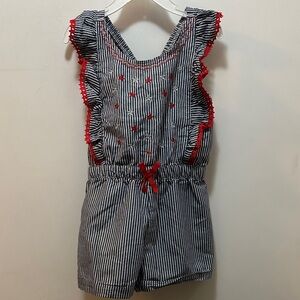 Nannette Kids Navy Striped Romper with Red Details Size 6